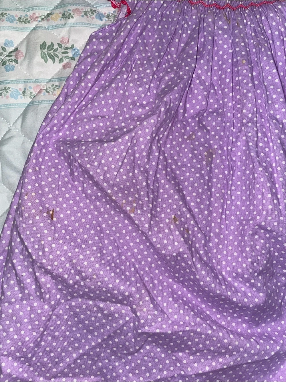 Girls Lavender Polka Dot Smocked Dress with Cupcake Detail